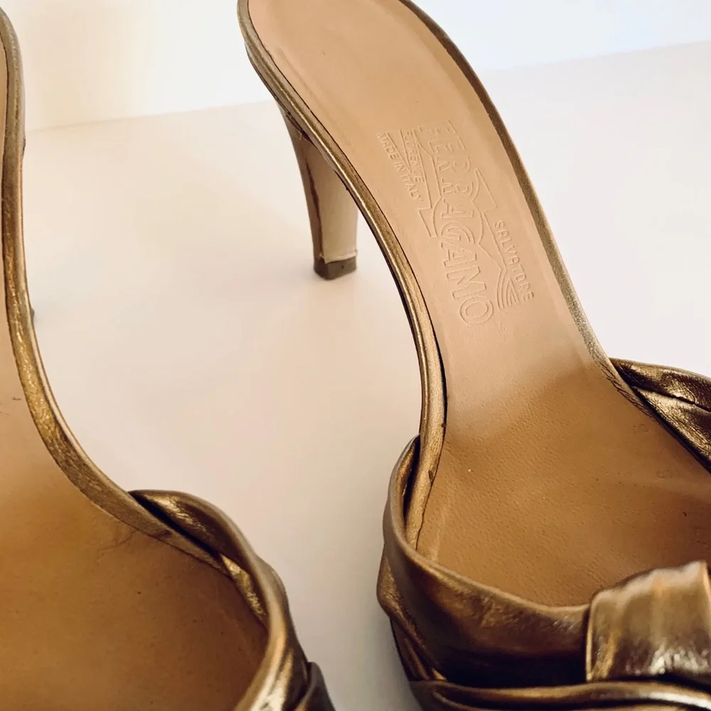 Salvatore Ferragamo Metallic Gold Knot Mule Heels